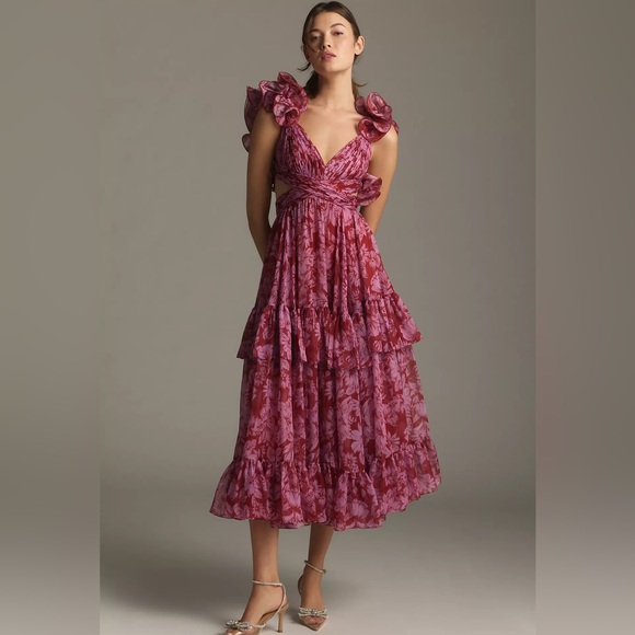 Mac Duggal Sleeveless V-Neck Tiered Ruffled Chiffon Midi...